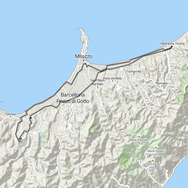 Miniatura della mappa di ispirazione al ciclismo "Lungo le Colline della Costa Calabra" nella regione di Sicilia, Italy. Generata da Tarmacs.app, pianificatore di rotte ciclistiche