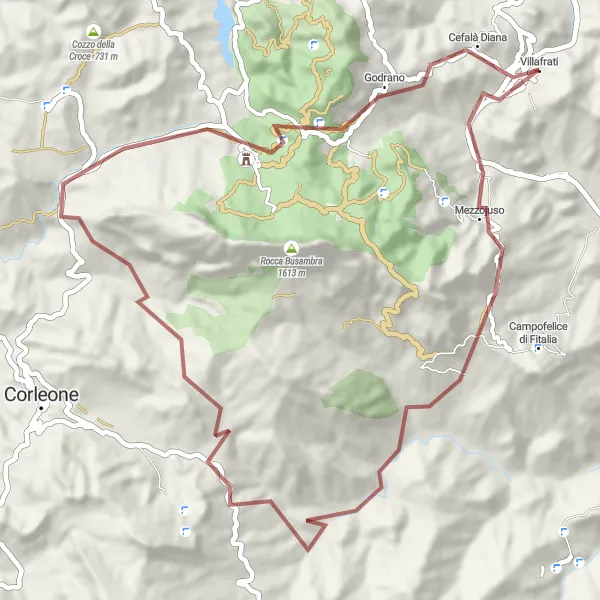 Map miniature of "Exploring Mezzojuso, Rocca Argenteria, Cozzo Fornaoo, and Cefalà Diana" cycling inspiration in Sicilia, Italy. Generated by Tarmacs.app cycling route planner