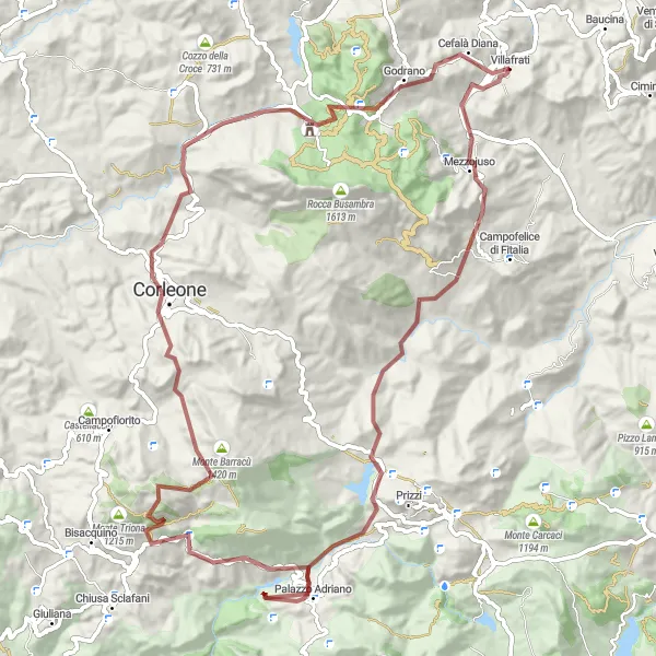 Map miniature of "Mezzojuso to Villafrati via Cozzo di Palma, Palazzo Adriano, Corleone, and Ficuzza" cycling inspiration in Sicilia, Italy. Generated by Tarmacs.app cycling route planner