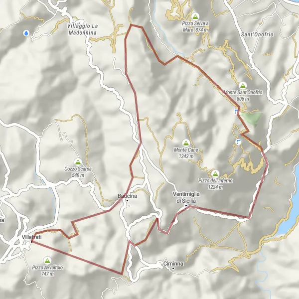 Map miniature of "Villafrati Gravel Loop via Monte Torre and Pizzo di Cane" cycling inspiration in Sicilia, Italy. Generated by Tarmacs.app cycling route planner