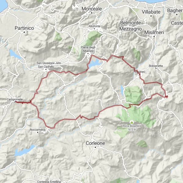 Map miniature of "Mountain Gravel Adventure" cycling inspiration in Sicilia, Italy. Generated by Tarmacs.app cycling route planner