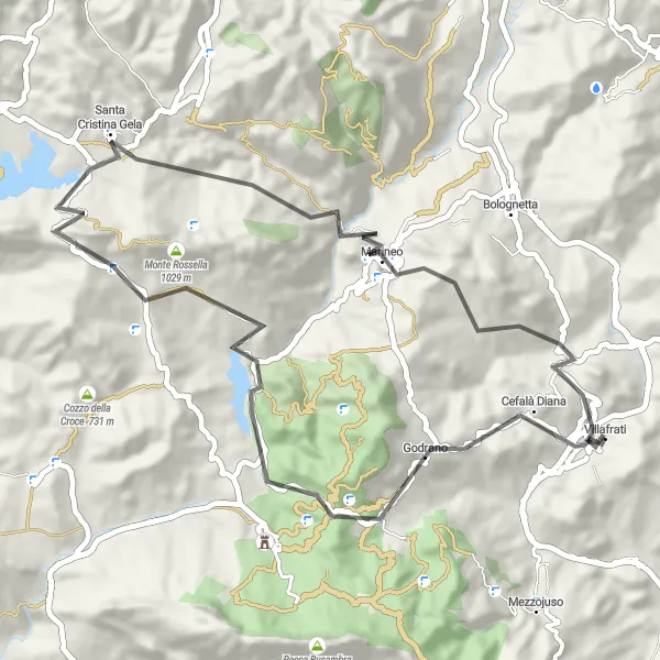 Map miniature of "Godrano, Cozzo Fornazzo, Monte Giuhai, La Montagnola, Marineo, and Villafrati" cycling inspiration in Sicilia, Italy. Generated by Tarmacs.app cycling route planner