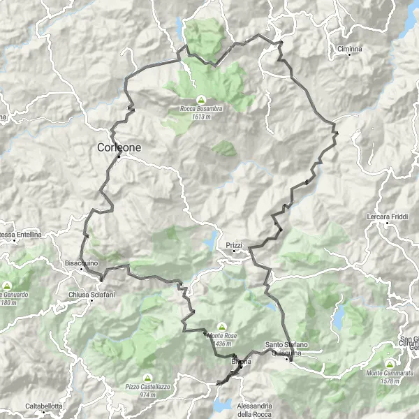 Map miniature of "Cozzo La Guardia to Villafrati via Cozzo Iannuzzo, Santo Stefano Quisquina, and Pizzo San Matteo" cycling inspiration in Sicilia, Italy. Generated by Tarmacs.app cycling route planner