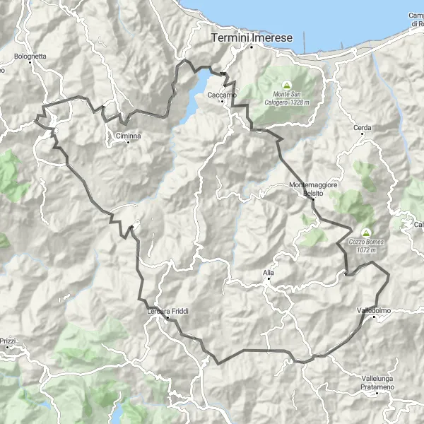 Map miniature of "Cozzo San Pantaleo to Villafrati via Rocca Rossa and Valledolmo" cycling inspiration in Sicilia, Italy. Generated by Tarmacs.app cycling route planner