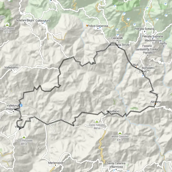 Map miniature of "Vallelunga Pratameno Loop" cycling inspiration in Sicilia, Italy. Generated by Tarmacs.app cycling route planner