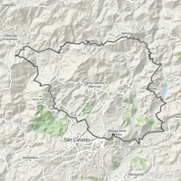 Miniatura della mappa di ispirazione al ciclismo "Giro in bicicletta Villalba - Monte San Giuliano" nella regione di Sicilia, Italy. Generata da Tarmacs.app, pianificatore di rotte ciclistiche