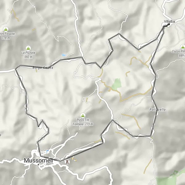 Miniatura della mappa di ispirazione al ciclismo "Esplorazione tra le colline siciliane" nella regione di Sicilia, Italy. Generata da Tarmacs.app, pianificatore di rotte ciclistiche