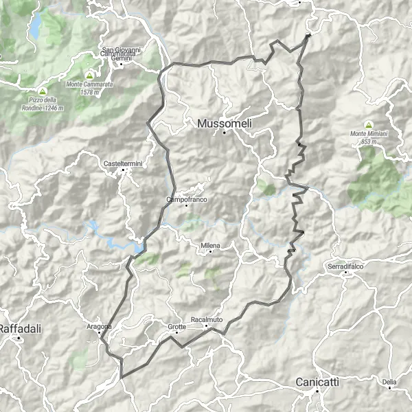 Miniatura della mappa di ispirazione al ciclismo "Giro in bicicletta Villalba - Racalmuto" nella regione di Sicilia, Italy. Generata da Tarmacs.app, pianificatore di rotte ciclistiche