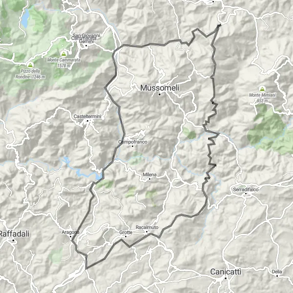 Map miniature of "Cycling Delights: Villalba to Racalmuto" cycling inspiration in Sicilia, Italy. Generated by Tarmacs.app cycling route planner