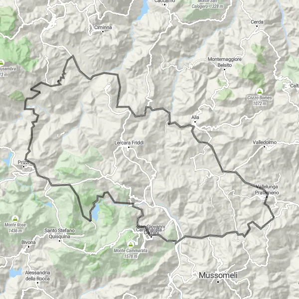 Map miniature of "Challenge of the Mountains: Villalba to Vallelunga Pratameno" cycling inspiration in Sicilia, Italy. Generated by Tarmacs.app cycling route planner