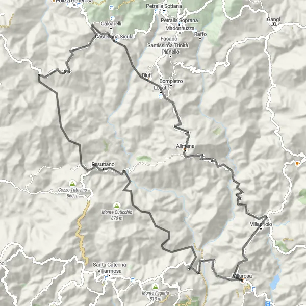 Map miniature of "Challenging Road Route with Hilltop Views" cycling inspiration in Sicilia, Italy. Generated by Tarmacs.app cycling route planner