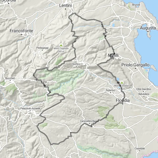 Map miniature of "Cycling Route to Villasmundo" cycling inspiration in Sicilia, Italy. Generated by Tarmacs.app cycling route planner