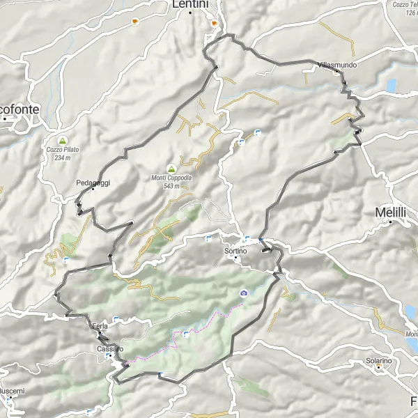 Miniatura della mappa di ispirazione al ciclismo "Avventura su due ruote da Villasmundo a Carlentini" nella regione di Sicilia, Italy. Generata da Tarmacs.app, pianificatore di rotte ciclistiche