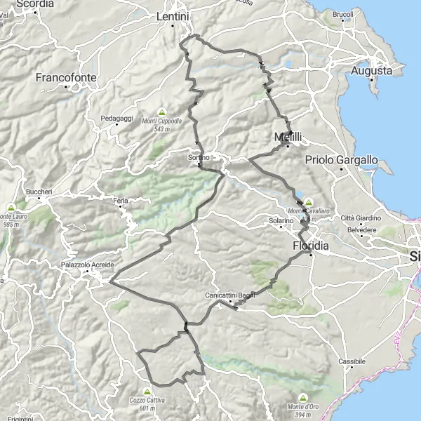 Map miniature of "Challenging Route to Villasmundo" cycling inspiration in Sicilia, Italy. Generated by Tarmacs.app cycling route planner
