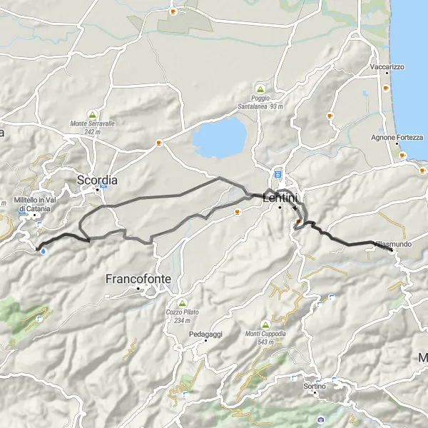 Miniatura della mappa di ispirazione al ciclismo "Cicloescursione Villasmundo - Lentini" nella regione di Sicilia, Italy. Generata da Tarmacs.app, pianificatore di rotte ciclistiche