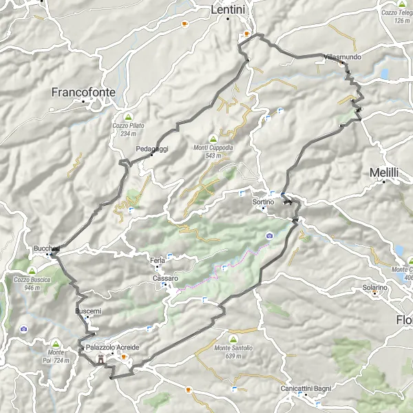 Miniatura della mappa di ispirazione al ciclismo "Giro in bicicletta da Villasmundo al Monte Pancali" nella regione di Sicilia, Italy. Generata da Tarmacs.app, pianificatore di rotte ciclistiche