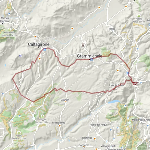 Map miniature of "Vizzini - Poggio Corvo Gravel Route" cycling inspiration in Sicilia, Italy. Generated by Tarmacs.app cycling route planner