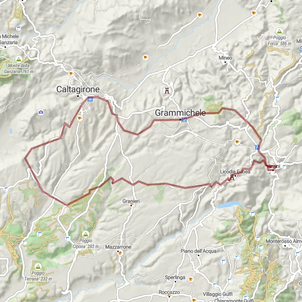 Miniatura della mappa di ispirazione al ciclismo "Esplorazione in gravel tra Poggio Sellaio e Vizzini Scalo" nella regione di Sicilia, Italy. Generata da Tarmacs.app, pianificatore di rotte ciclistiche