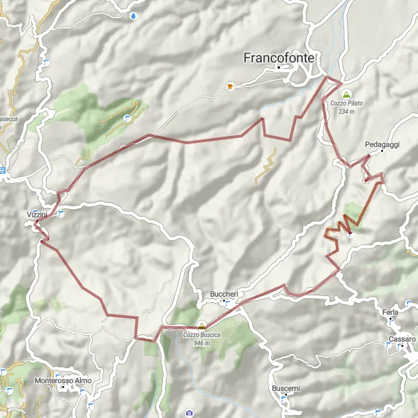 Map miniature of "Exploring Hyblaean Mountains" cycling inspiration in Sicilia, Italy. Generated by Tarmacs.app cycling route planner