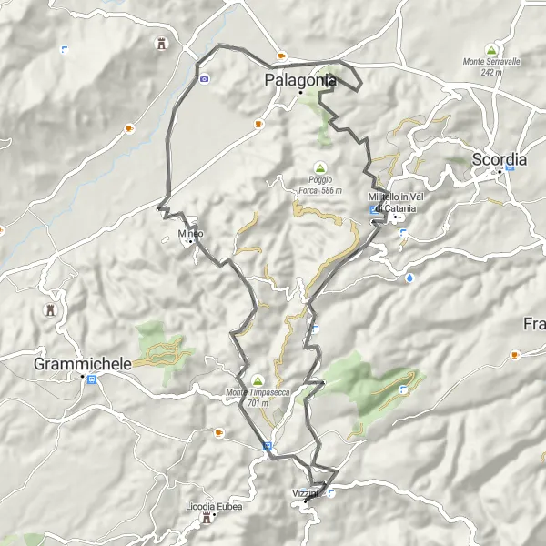 Map miniature of "Vizzini - Cunzirìa Loop" cycling inspiration in Sicilia, Italy. Generated by Tarmacs.app cycling route planner