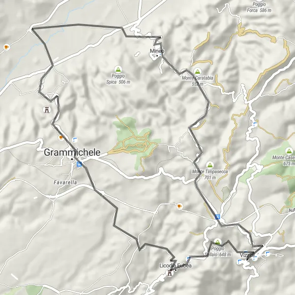 Map miniature of "Vizzini - Poggio Corvo Loop" cycling inspiration in Sicilia, Italy. Generated by Tarmacs.app cycling route planner