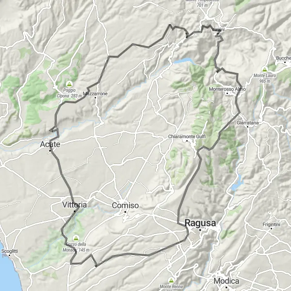 Map miniature of "Vizzini - Castello di Vizzini Road Loop" cycling inspiration in Sicilia, Italy. Generated by Tarmacs.app cycling route planner