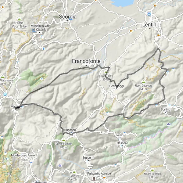 Map miniature of "Francofonte Road Loop" cycling inspiration in Sicilia, Italy. Generated by Tarmacs.app cycling route planner