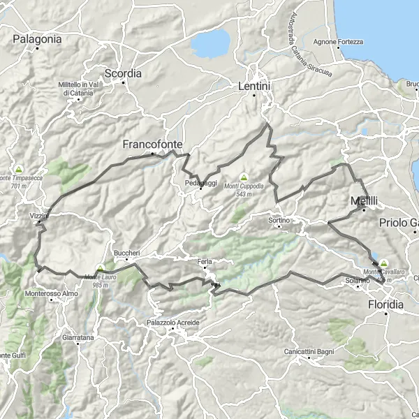 Miniatura della mappa di ispirazione al ciclismo "Giro ciclistico Francofonte-Castello di Vizzini-Pizzo Cocuzza" nella regione di Sicilia, Italy. Generata da Tarmacs.app, pianificatore di rotte ciclistiche