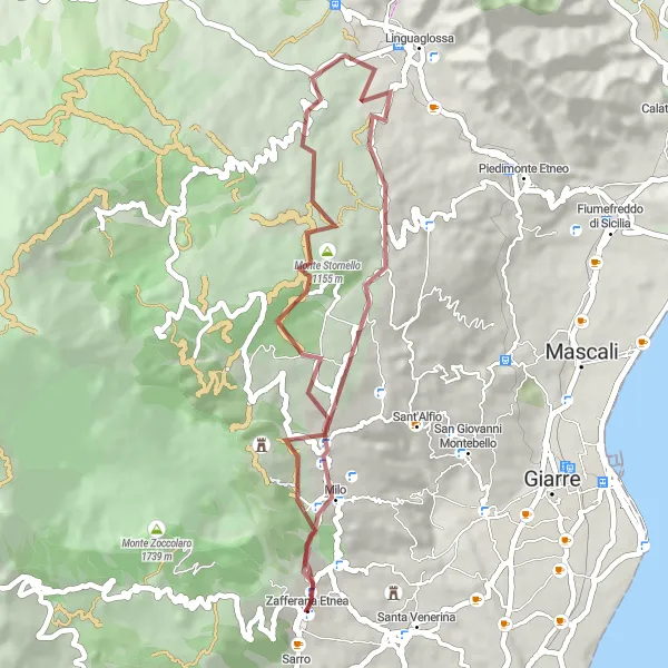 Map miniature of "Gravel Route from Zafferana Etnea" cycling inspiration in Sicilia, Italy. Generated by Tarmacs.app cycling route planner