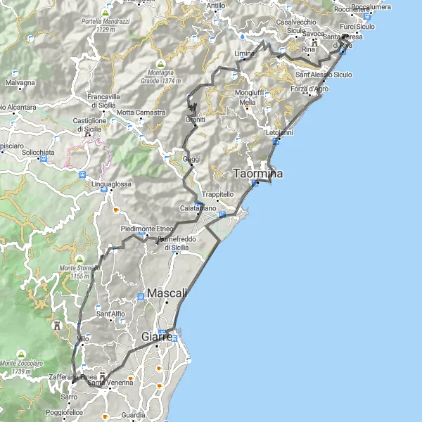 Map miniature of "Sicilian Road Adventure" cycling inspiration in Sicilia, Italy. Generated by Tarmacs.app cycling route planner