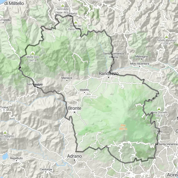 Miniatura della mappa di ispirazione al ciclismo "Giro in bicicletta di 216 km con partenza da Zafferana Etnea" nella regione di Sicilia, Italy. Generata da Tarmacs.app, pianificatore di rotte ciclistiche