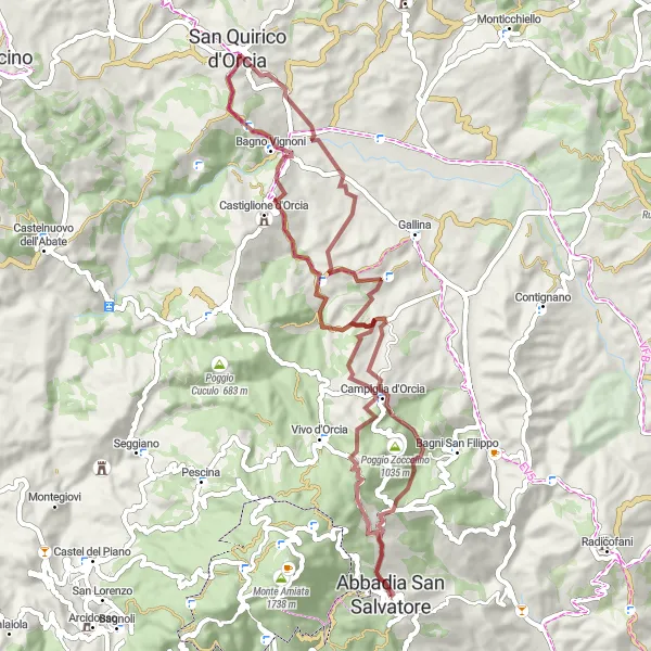 Map miniature of "Gravel Adventure through Val d'Orcia" cycling inspiration in Toscana, Italy. Generated by Tarmacs.app cycling route planner