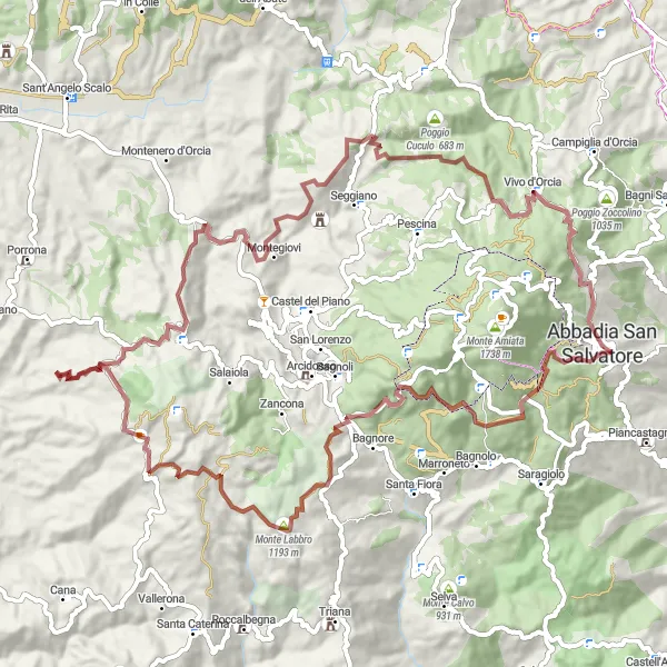 Kartminiatyr av "Oppdag Monte Amiata Grusvei" sykkelinspirasjon i Toscana, Italy. Generert av Tarmacs.app sykkelrutoplanlegger