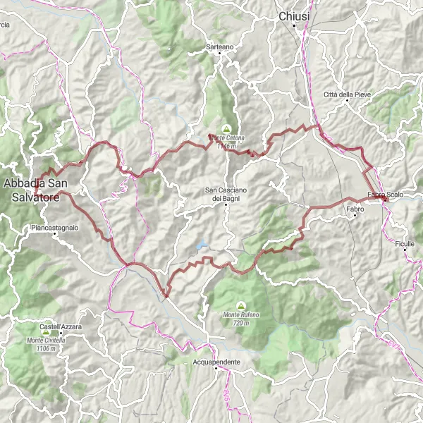 Karttaminiaatyyri "Monte Nebbiali ja Poggio Pago Gravel Pyöräilyreitti" pyöräilyinspiraatiosta alueella Toscana, Italy. Luotu Tarmacs.app pyöräilyreittisuunnittelijalla