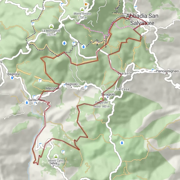 Miniaturní mapa "Gravelový okruh kolem Monte Calvo" inspirace pro cyklisty v oblasti Toscana, Italy. Vytvořeno pomocí plánovače tras Tarmacs.app