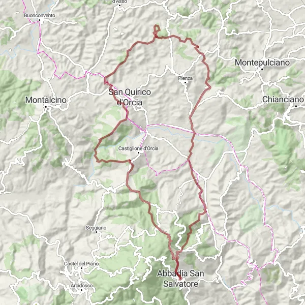 Map miniature of "Val d'Orcia Gravel Adventure" cycling inspiration in Toscana, Italy. Generated by Tarmacs.app cycling route planner
