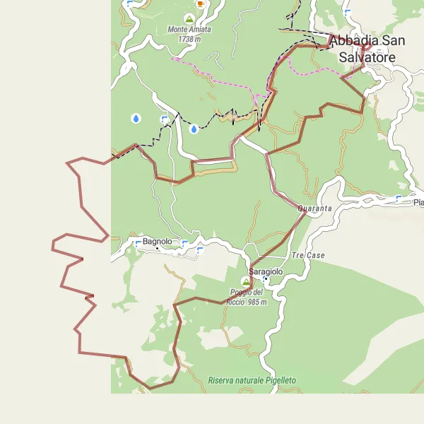 Map miniature of "Explore the Quaranta and Poggio della Ruota" cycling inspiration in Toscana, Italy. Generated by Tarmacs.app cycling route planner