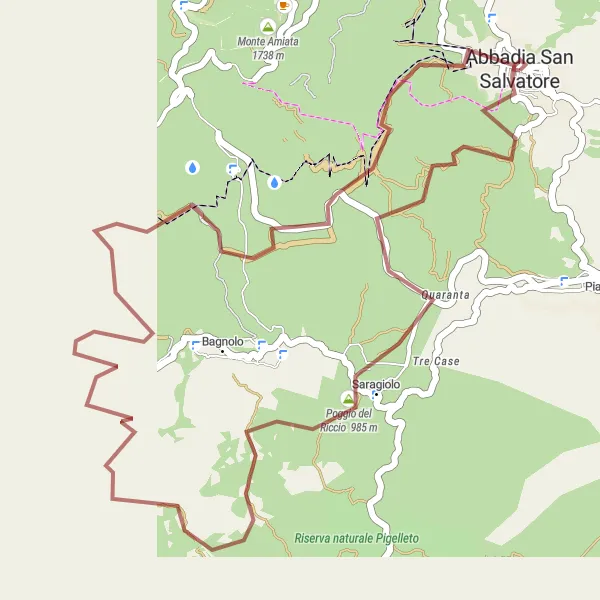 Miniatura della mappa di ispirazione al ciclismo "Giro Gravel intorno ad Abbadia San Salvatore" nella regione di Toscana, Italy. Generata da Tarmacs.app, pianificatore di rotte ciclistiche