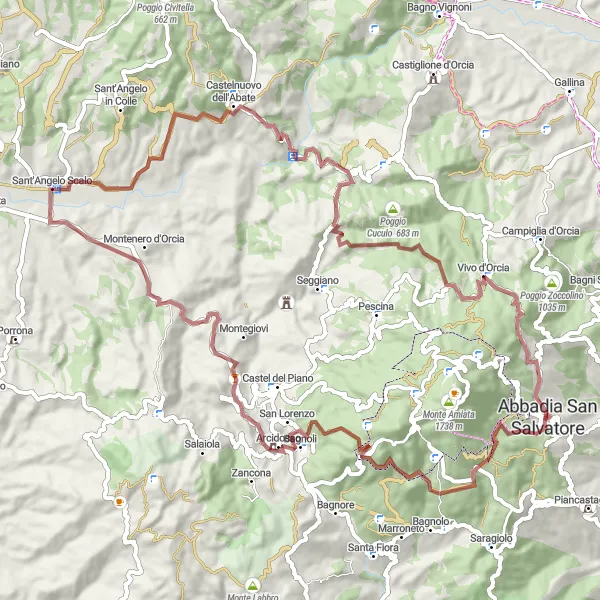 Mapa miniatúra "Gravel okruh cez kraj Abbadia San Salvatore" cyklistická inšpirácia v Toscana, Italy. Vygenerované cyklistickým plánovačom trás Tarmacs.app