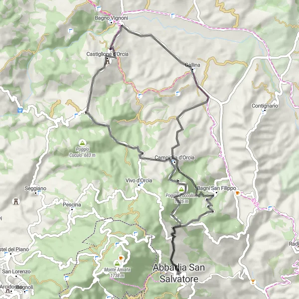 Miniature de la carte de l'inspiration cycliste "La Douceur du Val d'Orcia" dans la Toscana, Italy. Générée par le planificateur d'itinéraire cycliste Tarmacs.app