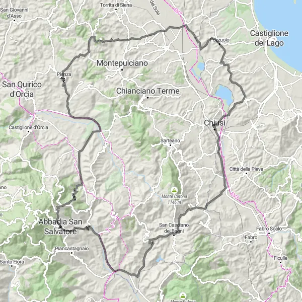 Zemljevid v pomanjšavi "Bagni San Filippo - Poggio Pago Road Tour" kolesarske inspiracije v Toscana, Italy. Generirano z načrtovalcem kolesarskih poti Tarmacs.app