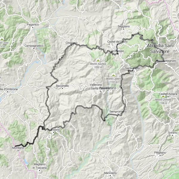 Miniature de la carte de l'inspiration cycliste "Défi autour de Monticiano" dans la Toscana, Italy. Générée par le planificateur d'itinéraire cycliste Tarmacs.app