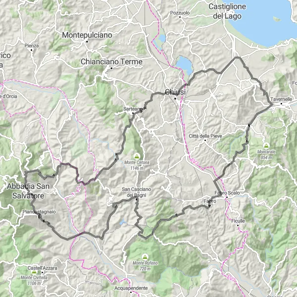 Miniaturní mapa "Náročný okruh skrz toskánskou krajinu" inspirace pro cyklisty v oblasti Toscana, Italy. Vytvořeno pomocí plánovače tras Tarmacs.app