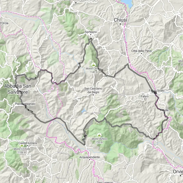 Miniature de la carte de l'inspiration cycliste "Tour du Monte Nebbiali" dans la Toscana, Italy. Générée par le planificateur d'itinéraire cycliste Tarmacs.app