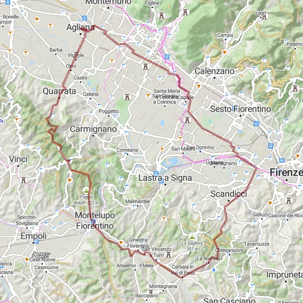 Miniatura della mappa di ispirazione al ciclismo "Giro Panoramico dei Colli Fiorentini" nella regione di Toscana, Italy. Generata da Tarmacs.app, pianificatore di rotte ciclistiche