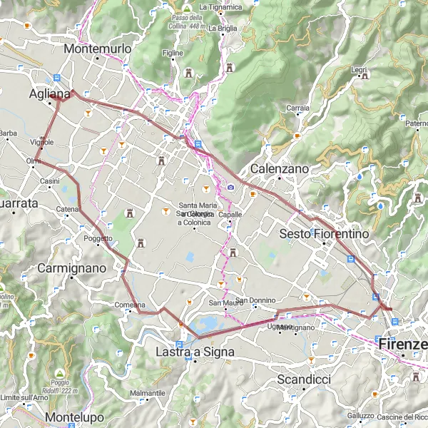 Map miniature of "Gravel Tour through Prato" cycling inspiration in Toscana, Italy. Generated by Tarmacs.app cycling route planner
