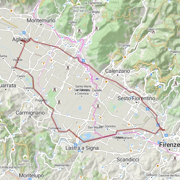 Miniaturní mapa "Gravelový výlet kolem Prata a Poggio a Caiano" inspirace pro cyklisty v oblasti Toscana, Italy. Vytvořeno pomocí plánovače tras Tarmacs.app