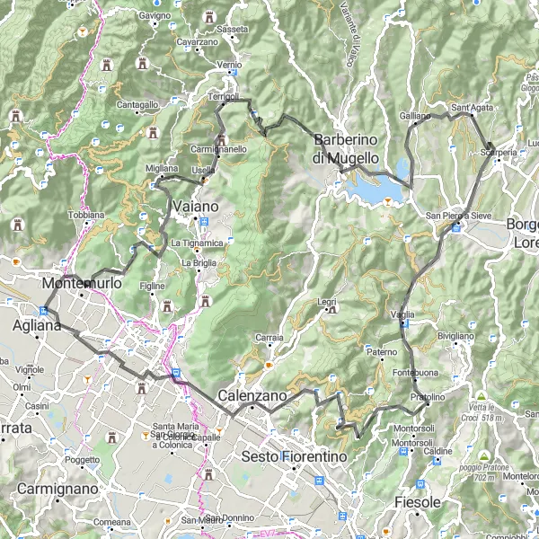 Mapa miniatúra "Okruh kolem Montemurlo a Lago di Bilancino" cyklistická inšpirácia v Toscana, Italy. Vygenerované cyklistickým plánovačom trás Tarmacs.app