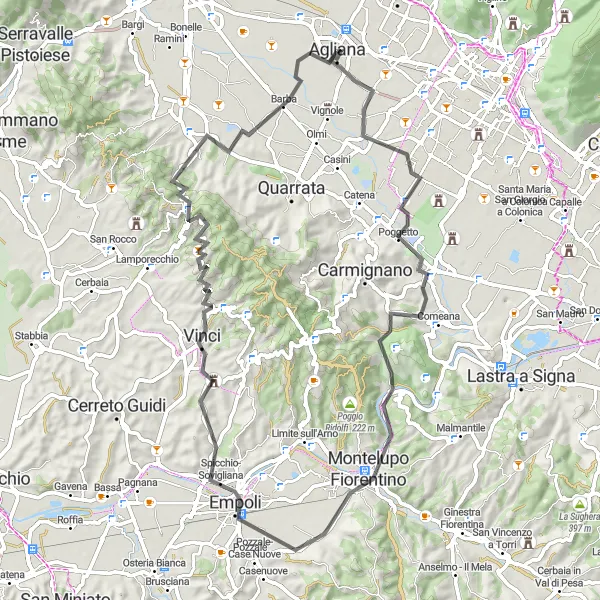 Miniature de la carte de l'inspiration cycliste "Parcours routier de Poggio a Caiano à Agliana" dans la Toscana, Italy. Générée par le planificateur d'itinéraire cycliste Tarmacs.app