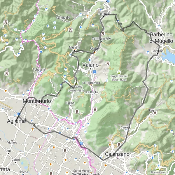 Map miniature of "Climbing the Hills of Agliana" cycling inspiration in Toscana, Italy. Generated by Tarmacs.app cycling route planner